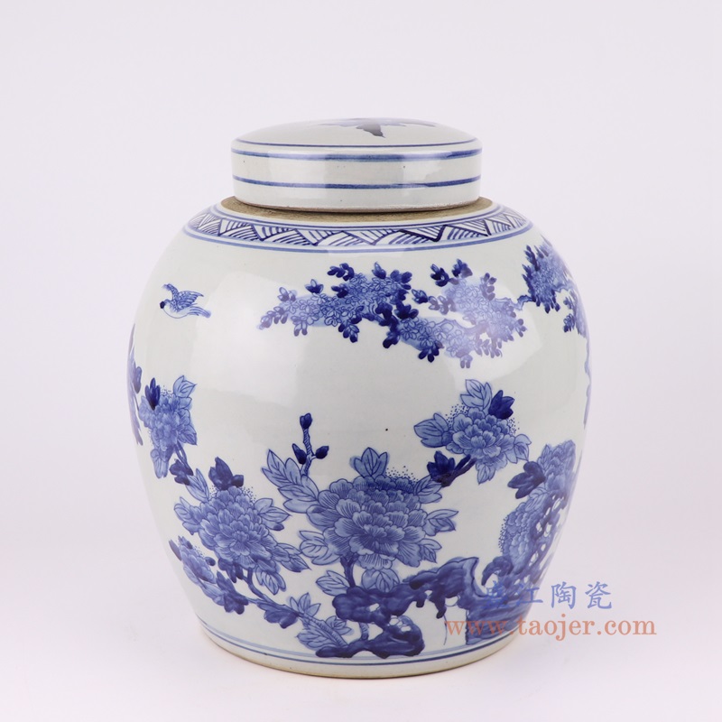 青花花鸟眀罐小号,产品编号:RZTQ05-A-S 产品尺寸(单位cm): 高27直径24口径底径17.5重量2.55KG