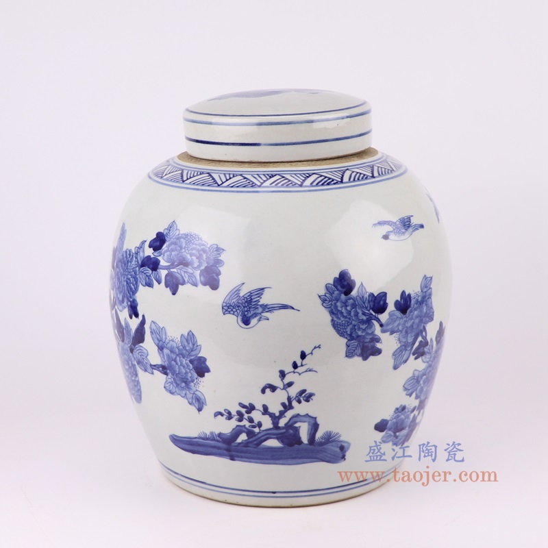 青花花鸟眀罐小号,产品编号:RZTQ05-A-S 产品尺寸(单位cm): 高27直径24口径底径17.5重量2.55KG