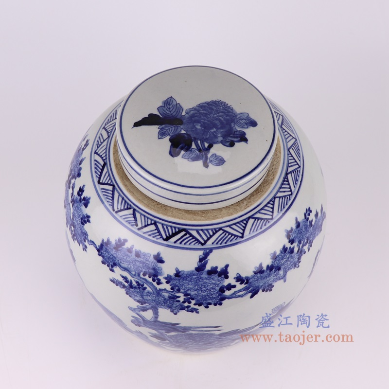 青花花鸟眀罐小号,产品编号:RZTQ05-A-S 产品尺寸(单位cm): 高27直径24口径底径17.5重量2.55KG