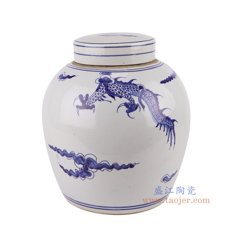 青花龙纹眀罐,产品编号:RZTQ05-B-S 产品尺寸(单位cm): 高27直径24口径底径17.5重量2.55KG