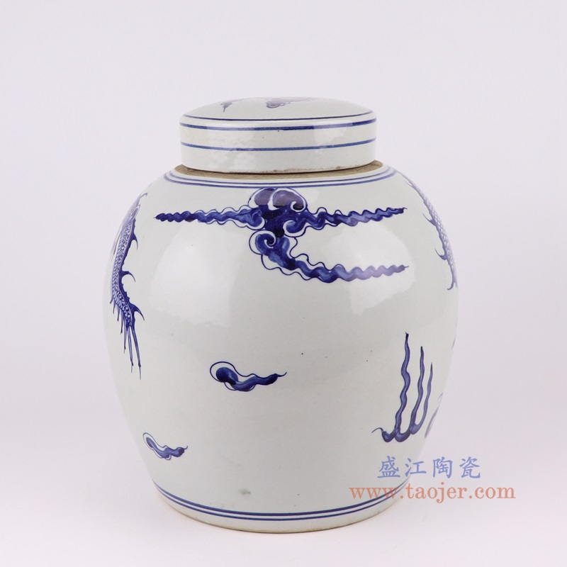 青花龙纹眀罐,产品编号:RZTQ05-B-S 产品尺寸(单位cm): 高27直径24口径底径17.5重量2.55KG