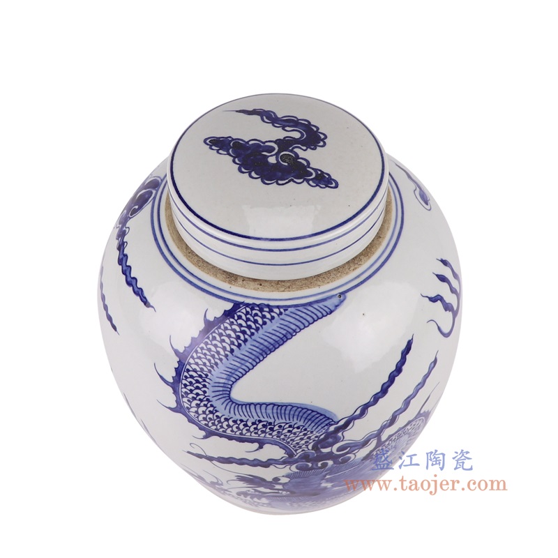 青花龙纹眀罐,产品编号:RZTQ05-B-S 产品尺寸(单位cm): 高27直径24口径底径17.5重量2.55KG