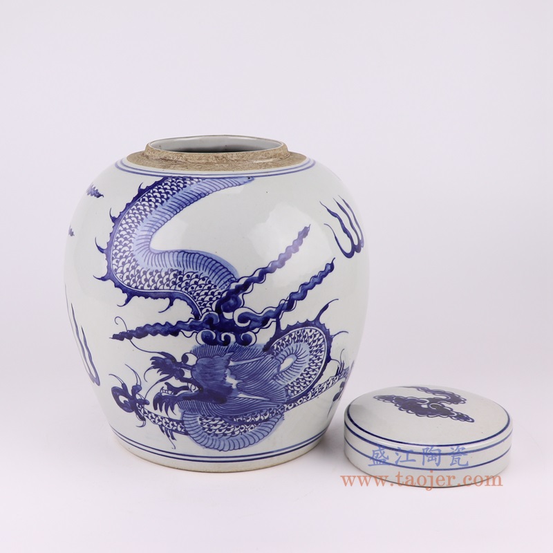 青花龙纹眀罐,产品编号:RZTQ05-B-S 产品尺寸(单位cm): 高27直径24口径底径17.5重量2.55KG