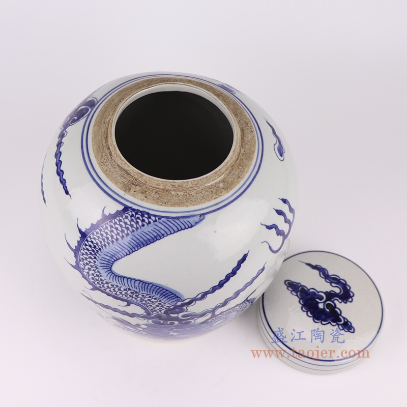 青花龙纹眀罐,产品编号:RZTQ05-B-S 产品尺寸(单位cm): 高27直径24口径底径17.5重量2.55KG