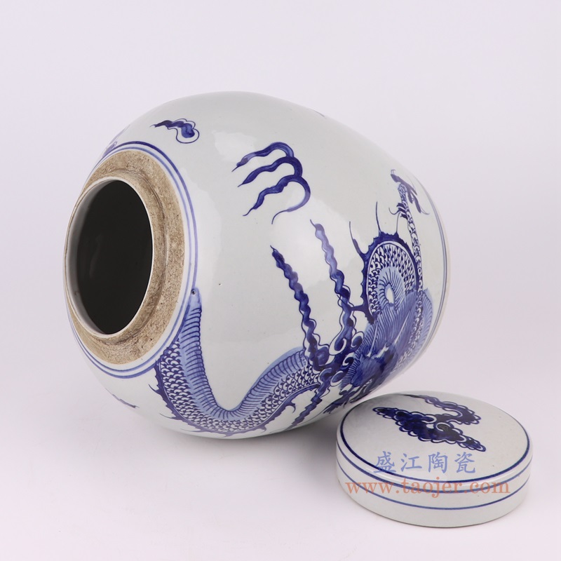 青花龙纹眀罐,产品编号:RZTQ05-B-S 产品尺寸(单位cm): 高27直径24口径底径17.5重量2.55KG