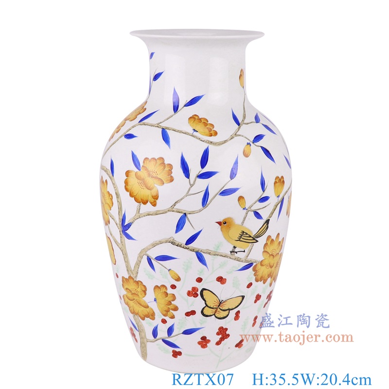 新彩手绘花鸟冬瓜花瓶，产品编号：RZTX07       产品尺寸(单位cm):  高35.5直径20.4口径底径13.5重量3.6KG