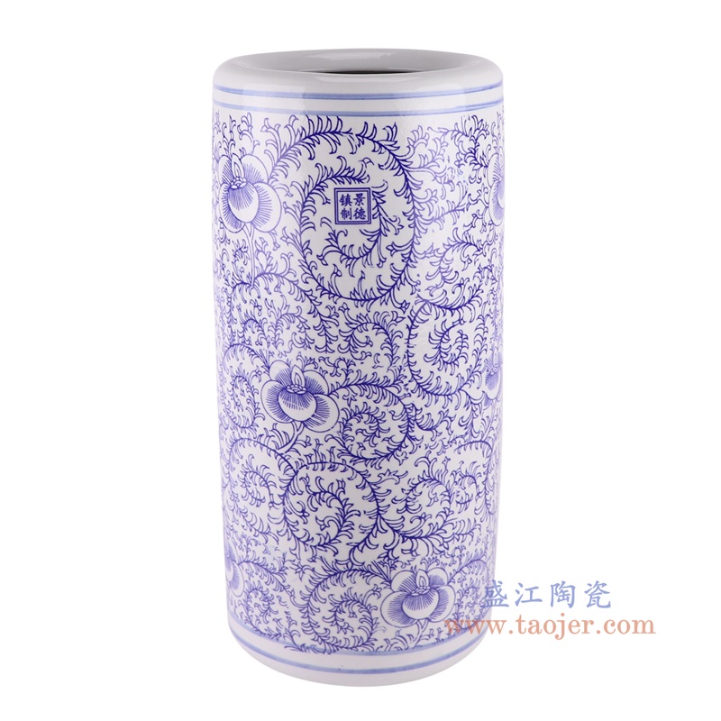 青花缠枝串花纹箭筒伞筒，产品编号：RZUA01-D       产品尺寸(单位cm):  高48.5直径23口径底径21重量6KG