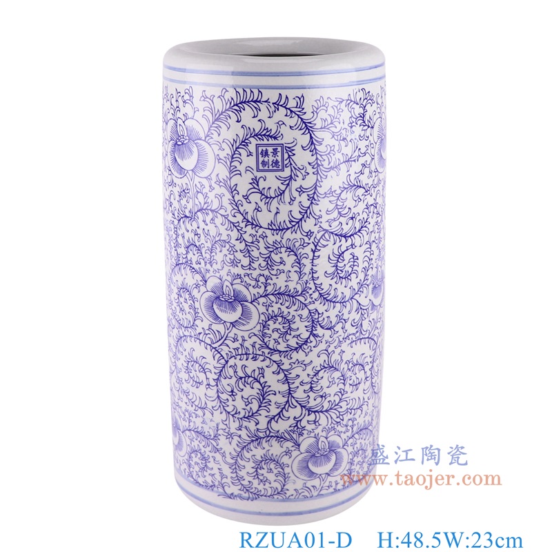 青花缠枝串花纹箭筒伞筒，产品编号：RZUA01-D       产品尺寸(单位cm):  高48.5直径23口径底径21重量6KG