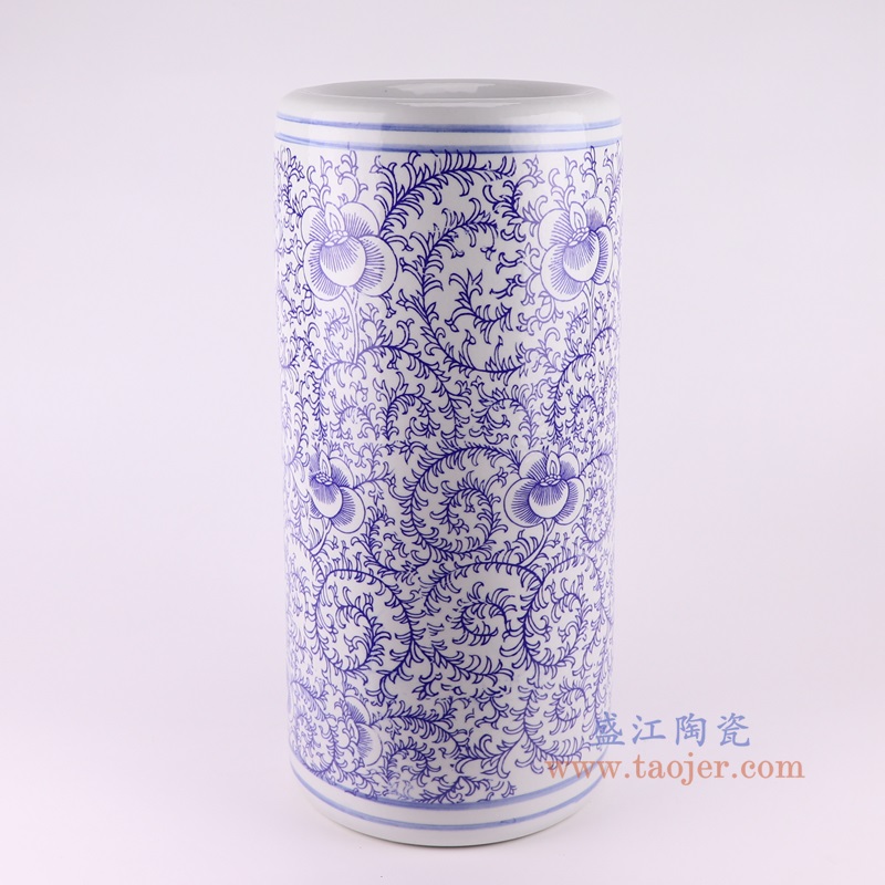 青花缠枝串花纹箭筒伞筒，产品编号：RZUA01-D       产品尺寸(单位cm):  高48.5直径23口径底径21重量6KG