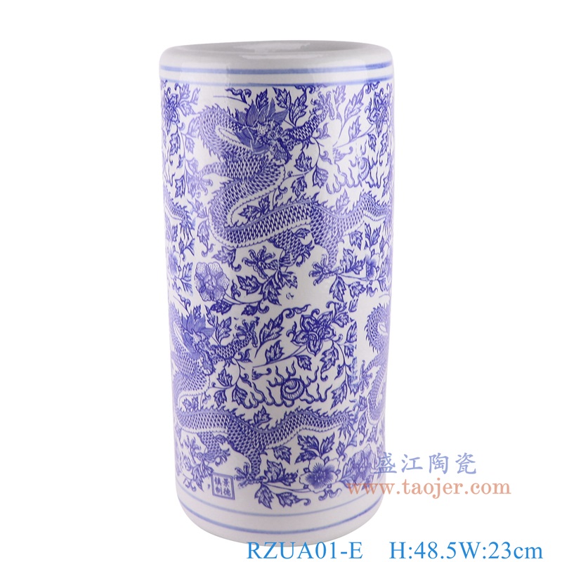 青花缠枝龙纹箭筒伞筒，产品编号：RZUA01-E       产品尺寸(单位cm):  高48.5直径23口径底径21重量6KG