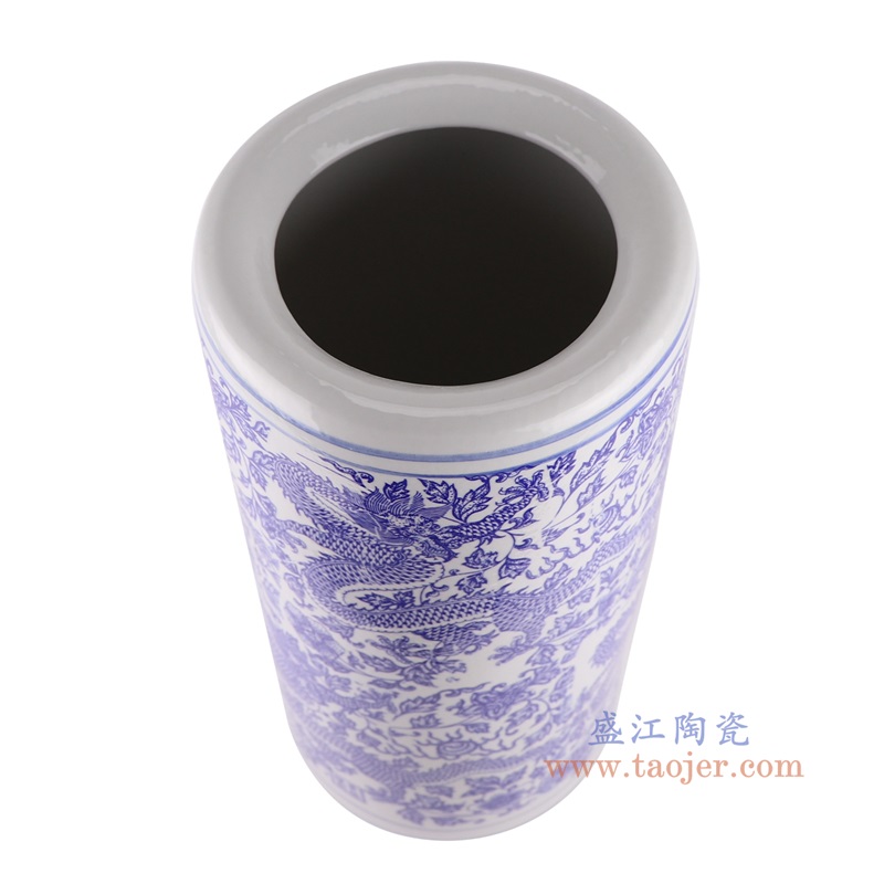 青花缠枝龙纹箭筒伞筒，产品编号：RZUA01-E       产品尺寸(单位cm):  高48.5直径23口径底径21重量6KG
