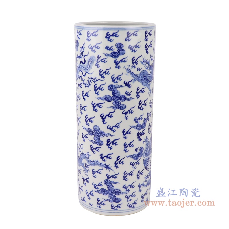 青花龙凤纹箭筒,产品编号:RZUL01-A 产品尺寸(单位cm): 高28直径11.5口径底径重量1KG