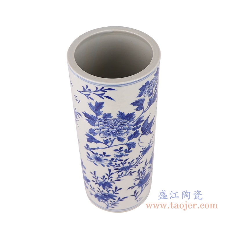 青花花鸟箭筒，产品编号：RZUL01-B       产品尺寸(单位cm):  高28直径11.5口径底径重量1KG