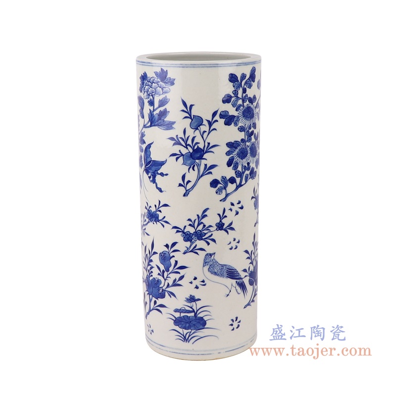 青花花鸟箭筒，产品编号：RZUL01-B       产品尺寸(单位cm):  高28直径11.5口径底径重量1KG