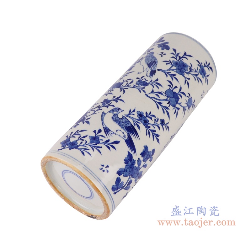 青花花鸟箭筒，产品编号：RZUL01-B       产品尺寸(单位cm):  高28直径11.5口径底径重量1KG