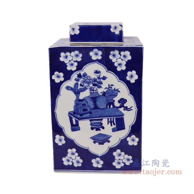 青花冰梅开窗博古纹四方茶叶罐,产品编号:RZUL02-A 产品尺寸(单位cm): 高30直径17.7口径底径重量3.5KG