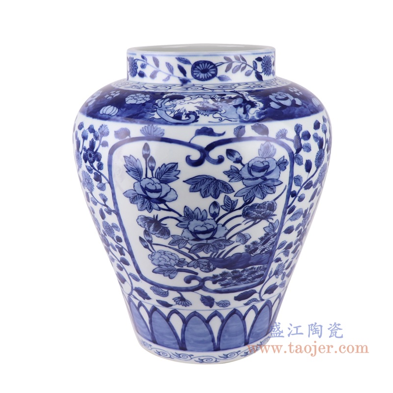 青花开窗花卉灯具罐子，产品编号：RZUL03       产品尺寸(单位cm):  高35直径29.5口径底径16.3重量6.3KG