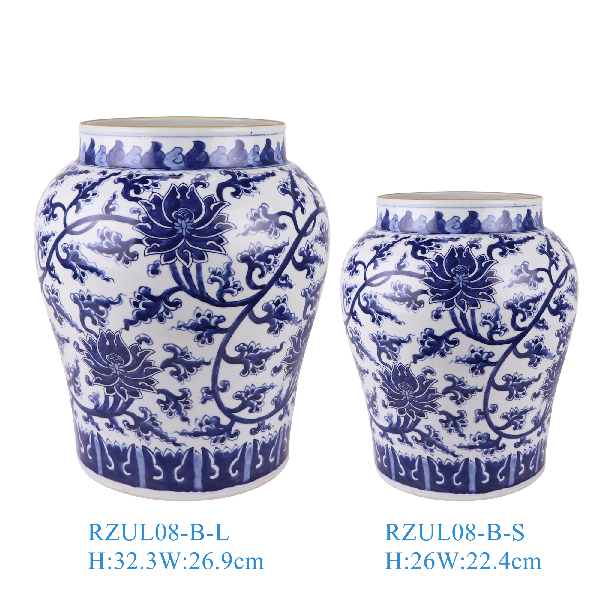 青花缠枝莲纹罐子大小号,产品编号:RZUL08-B-L-S组合 产品尺寸(单位cm): 高直径口径底径重量KG