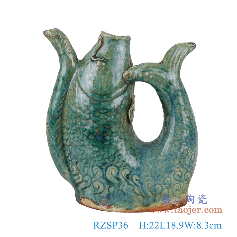 窑变绿釉鲤鱼形状壶,产品编号:RZSP36 产品尺寸(单位cm): 高22直径18.9口径6.4底径重量1.5KG