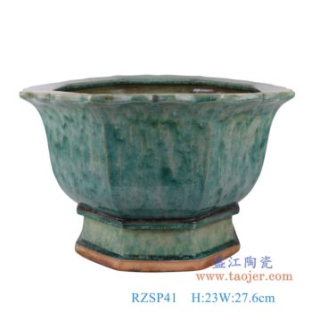 RZSP41   窑变绿釉花口八方花盆     高23直径27.6口径11.2底径重量5.5KG