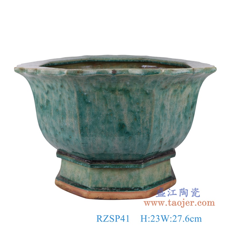 窑变绿釉花口八方花盆,产品编号:RZSP41 产品尺寸(单位cm): 高23直径27.6口径11.2底径重量5.5KG