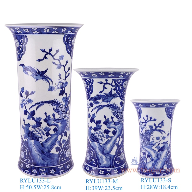 青花花鸟花觚瓶大中小三件套,产品编号:RYLU133-L-M-S-组合图 产品尺寸(单位cm): 高直径口径底径重量KG