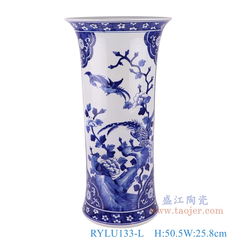 青花花鸟花觚瓶大号,产品编号:RYLU133-L 产品尺寸(单位cm): 高50.5直径25.8口径底径重量6.1KG