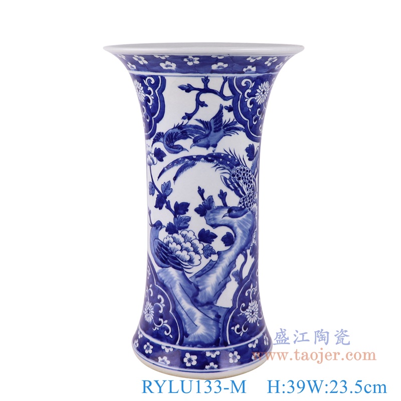 青花花鸟花觚瓶中号,产品编号:RYLU133-M 产品尺寸(单位cm): 高39直径23.5口径底径重量5.3KG