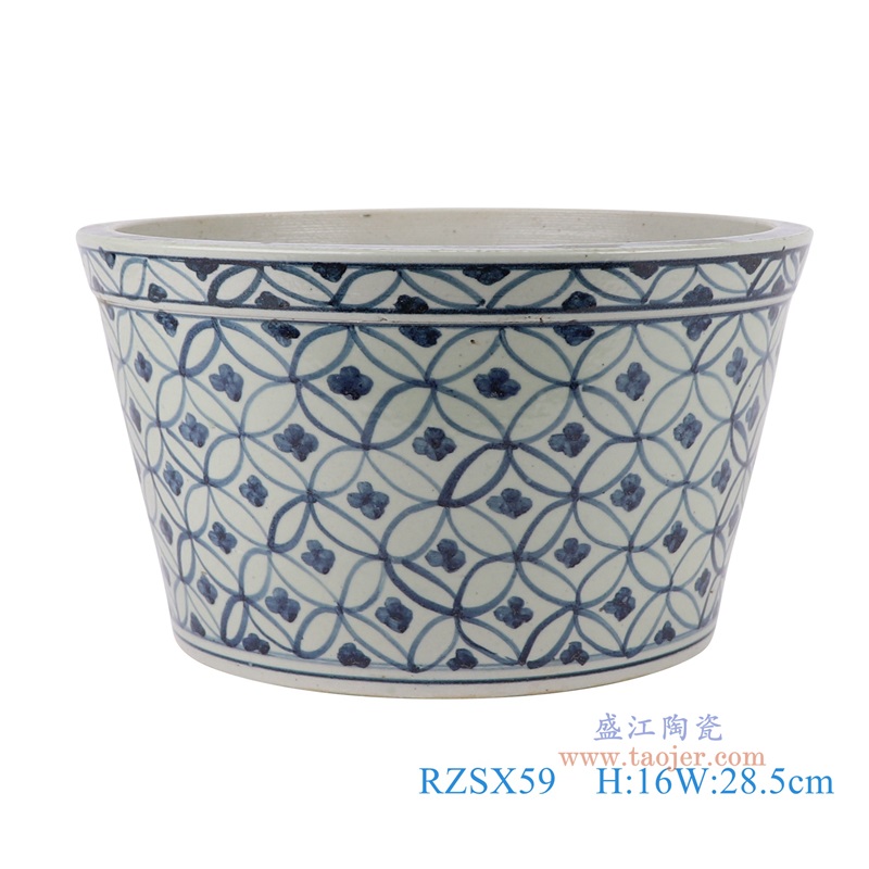 青花几何图形铜钱纹花盆大碗香炉,产品编号:RZSX59 产品尺寸(单位cm): 高16直径28.5口径底径21.5重量3.4KG