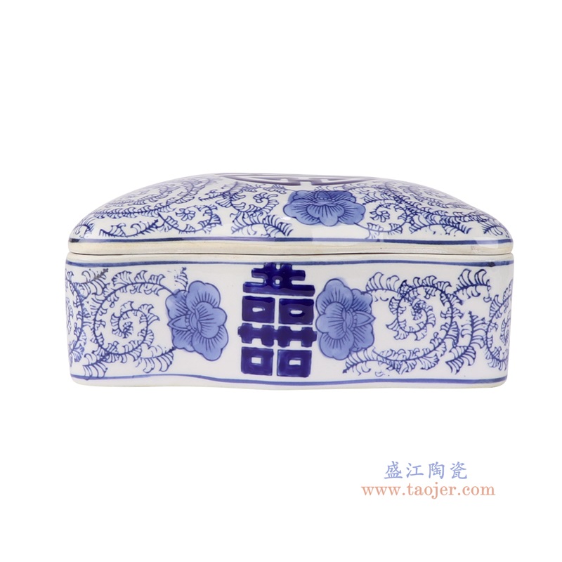 青花长方形花口喜字纹腰果盒糖果盒,产品编号:RXAE-FL09-086 产品尺寸(单位cm): 高10直径20.5口径底径重量1.4KG