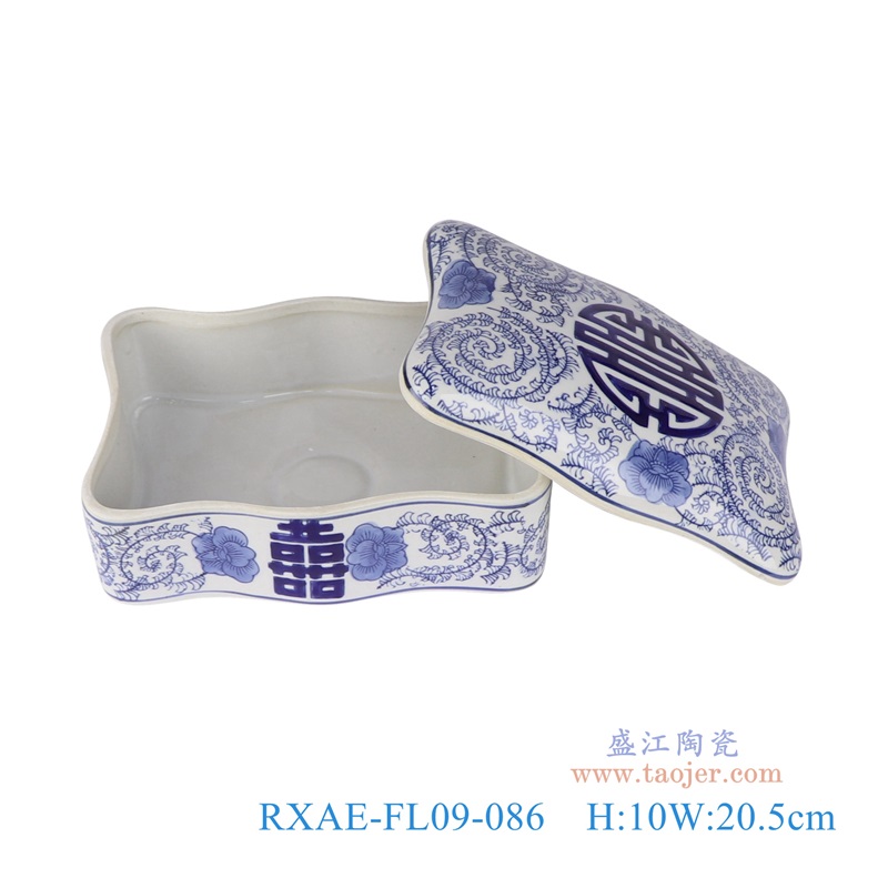 青花长方形花口喜字纹腰果盒糖果盒,产品编号:RXAE-FL09-086 产品尺寸(单位cm): 高10直径20.5口径底径重量1.4KG