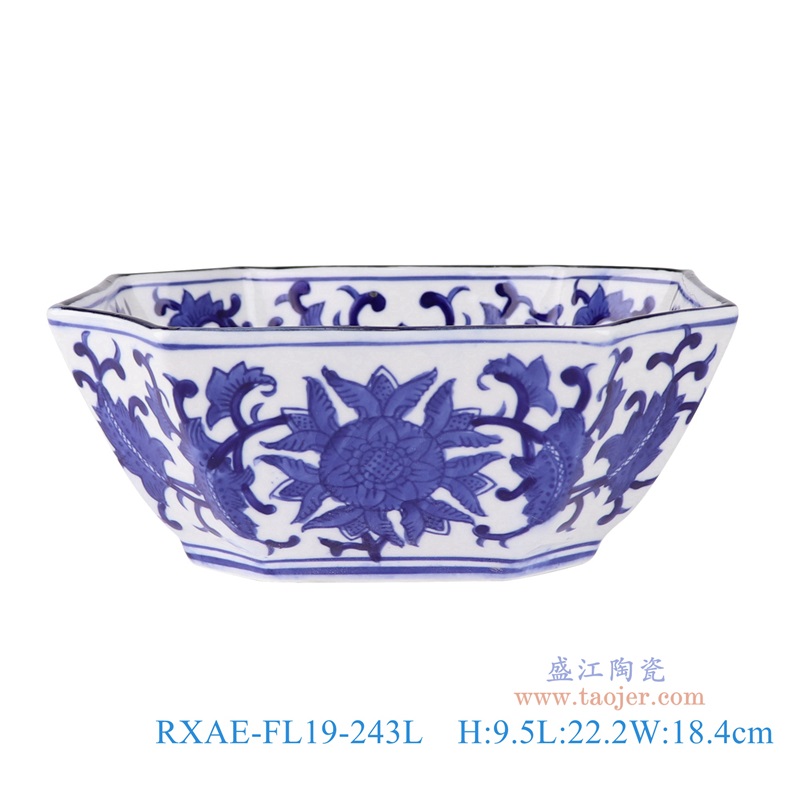 青花缠枝莲八边长方碗,产品编号:RXAE-FL19-243L 产品尺寸(单位cm): 高9.5直径22.2口径底径14重量1.12KG