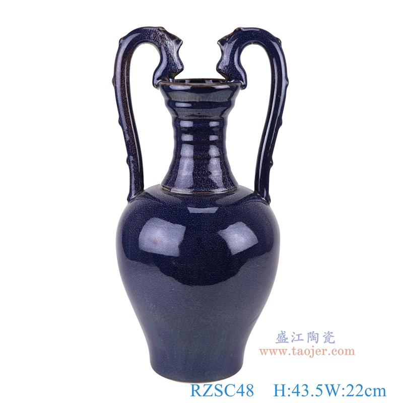 霁蓝双龙咬耳长颈瓶，产品编号：RZSC48       产品尺寸(单位cm):  高43.5直径22口径底径11.6重量3.1KG