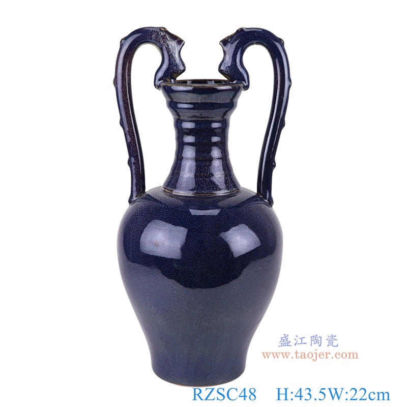 霁蓝双龙咬耳长颈瓶,产品编号:RZSC48 产品尺寸(单位cm): 高43.5直径22口径底径11.6重量3.1KG