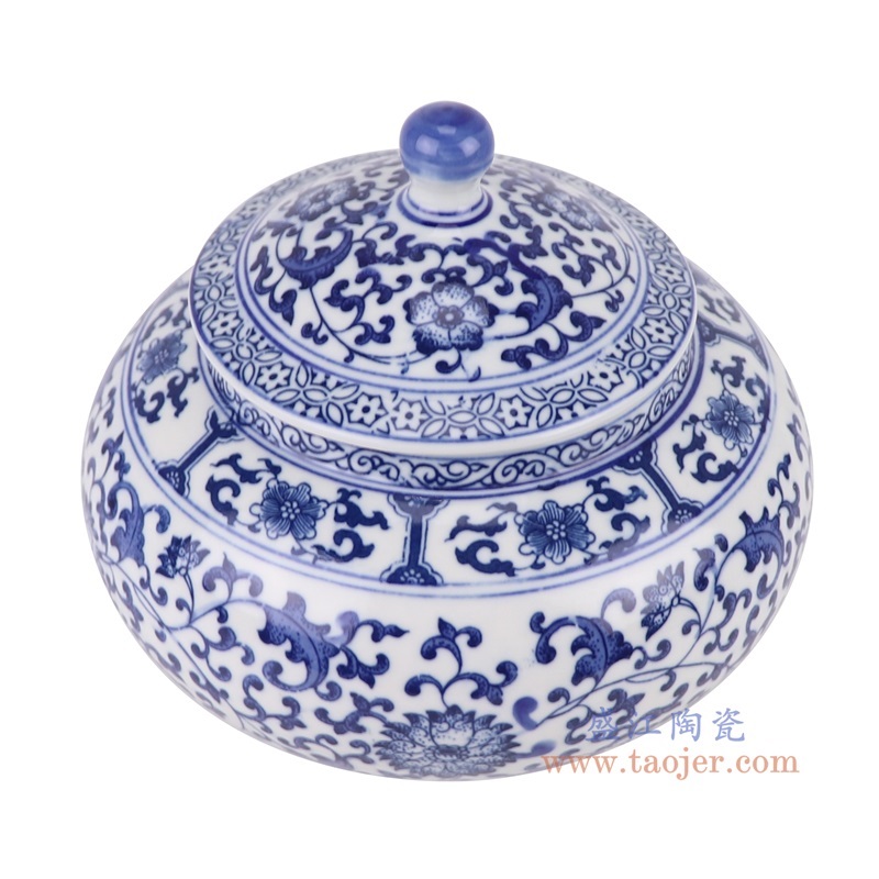青花缠枝莲将军坛茶叶罐,产品编号:RZBG03-B 产品尺寸(单位cm): 高19直径16.5口径底径9.8重量1.25KG