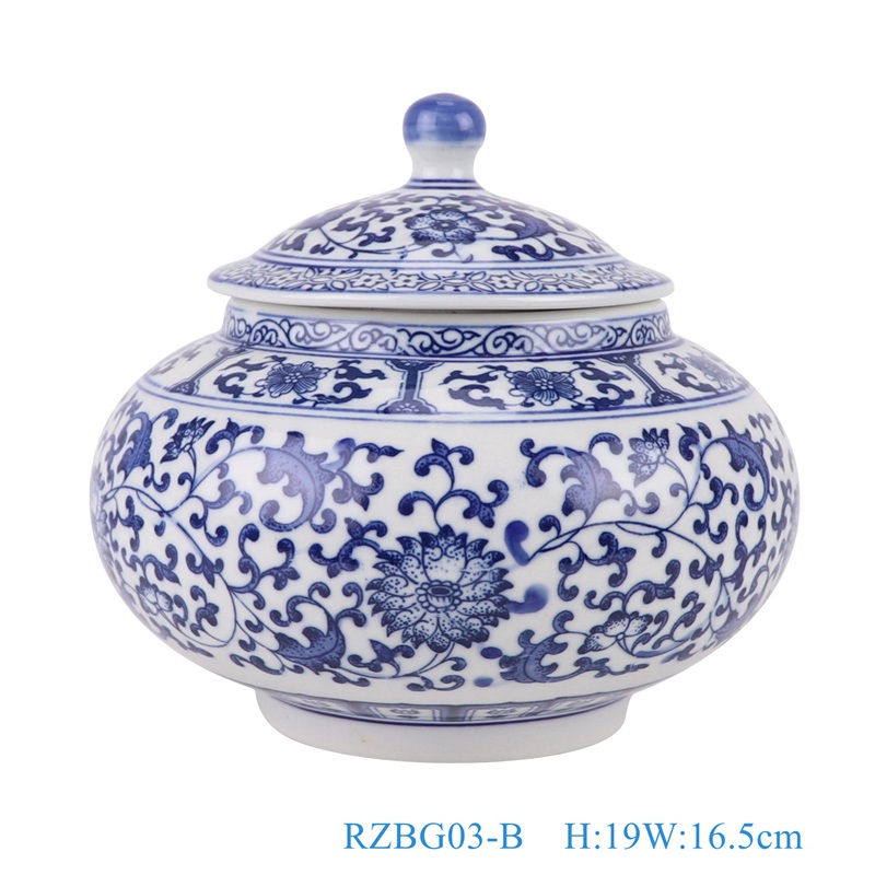 青花缠枝莲将军坛茶叶罐,产品编号:RZBG03-B 产品尺寸(单位cm): 高19直径16.5口径底径9.8重量1.25KG