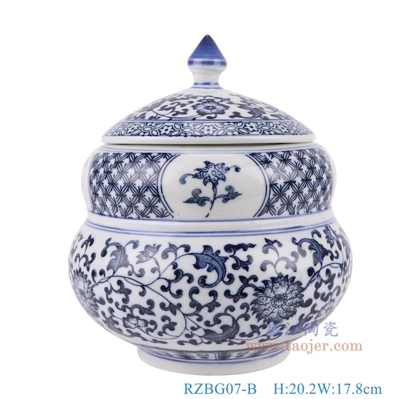 青花缠枝莲茶叶罐,产品编号:RZBG07-B 产品尺寸(单位cm): 高20.2直径17.8口径底径9.5重量1.3KG