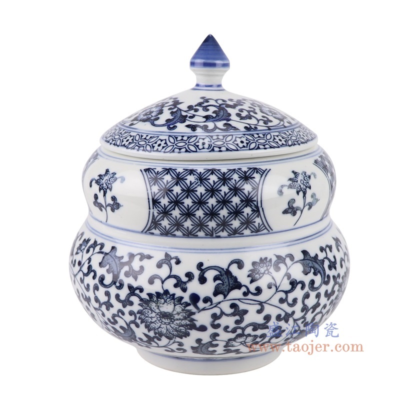 青花缠枝莲茶叶罐,产品编号:RZBG07-B 产品尺寸(单位cm): 高20.2直径17.8口径底径9.5重量1.3KG