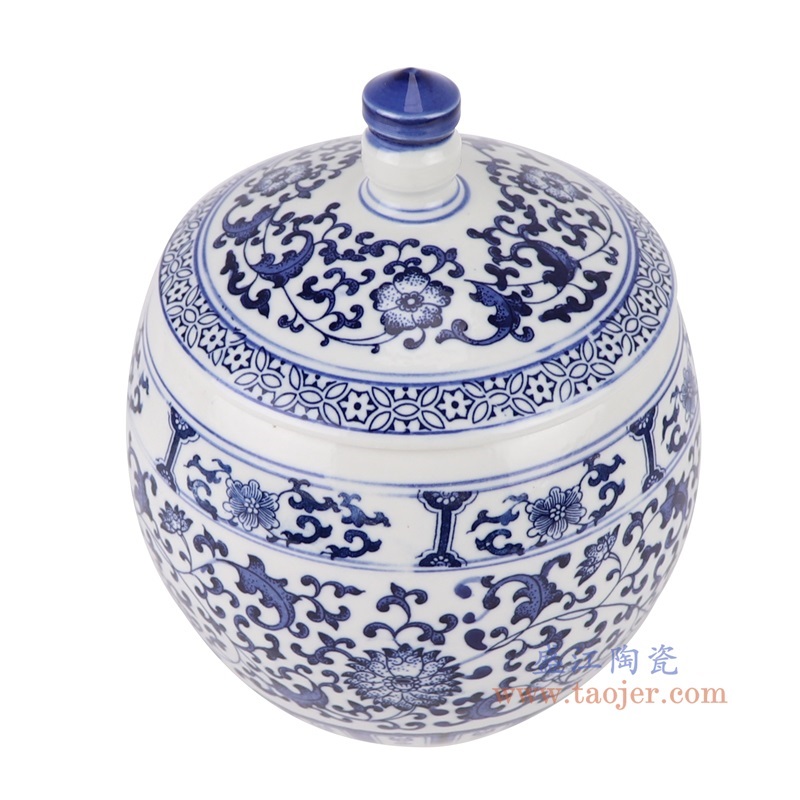 青花缠枝莲茶叶罐,产品编号:RZBG11-B 产品尺寸(单位cm): 高20直径17口径底径10.2重量1.2KG