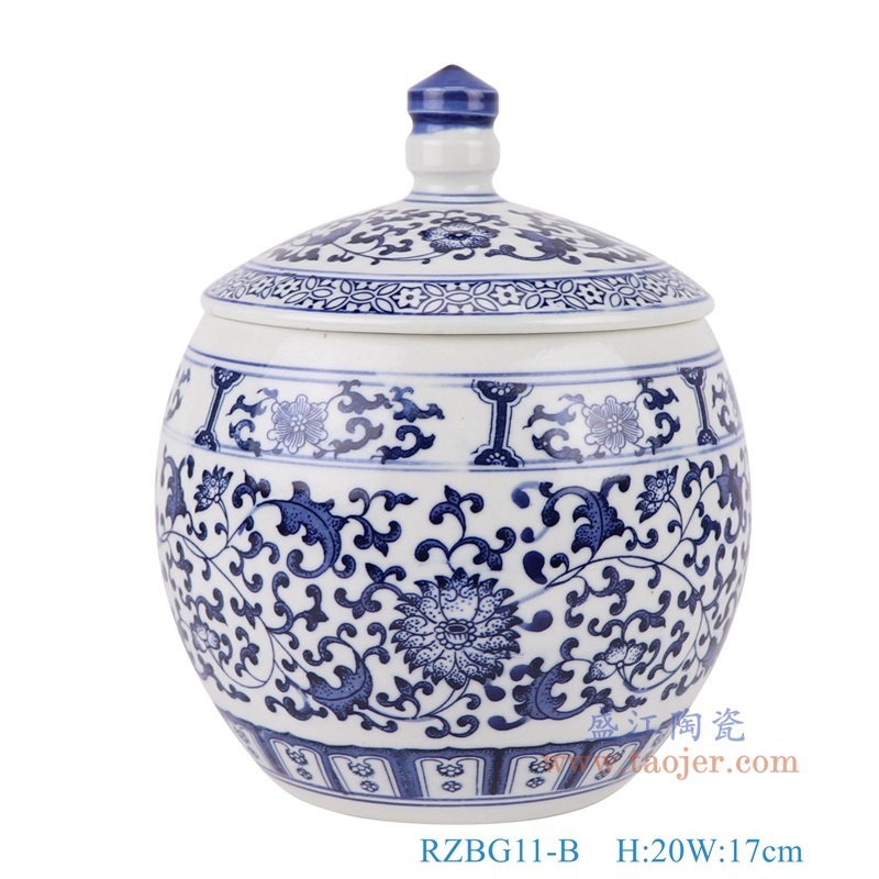 青花缠枝莲茶叶罐,产品编号:RZBG11-B 产品尺寸(单位cm): 高20直径17口径底径10.2重量1.2KG
