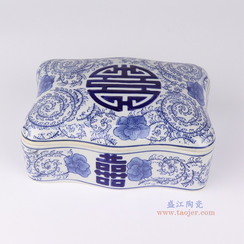 青花长方形花口喜字纹腰果盒糖果盒,产品编号:RXAE-FL09-086 产品尺寸(单位cm): 高10直径20.5口径底径重量1.4KG