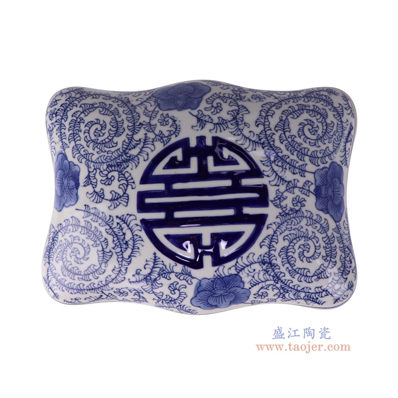 青花长方形花口喜字纹腰果盒糖果盒,产品编号:RXAE-FL09-086 产品尺寸(单位cm): 高10直径20.5口径底径重量1.4KG