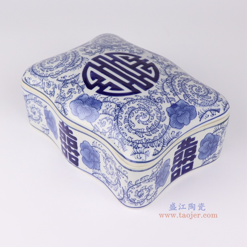 青花长方形花口喜字纹腰果盒糖果盒，产品编号：RXAE-FL09-086       产品尺寸(单位cm):  高10直径20.5口径底径重量1.4KG