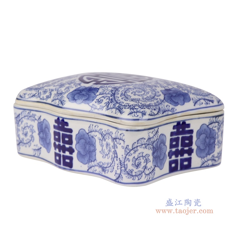 青花长方形花口喜字纹腰果盒糖果盒,产品编号:RXAE-FL09-086 产品尺寸(单位cm): 高10直径20.5口径底径重量1.4KG