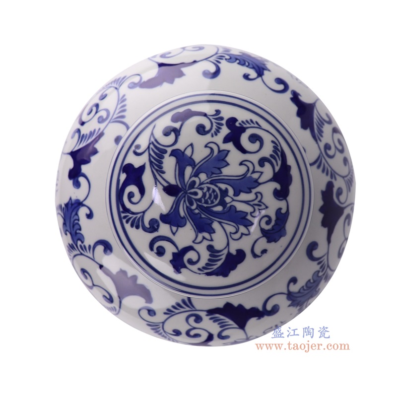 青花缠枝莲平顶罐,产品编号:RXAE-FL10-917 产品尺寸(单位cm): 高23.5直径19.5口径底径15.5重量1.68KG