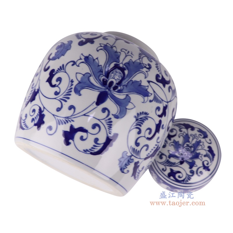 青花缠枝莲平顶罐,产品编号:RXAE-FL10-917 产品尺寸(单位cm): 高23.5直径19.5口径底径15.5重量1.68KG