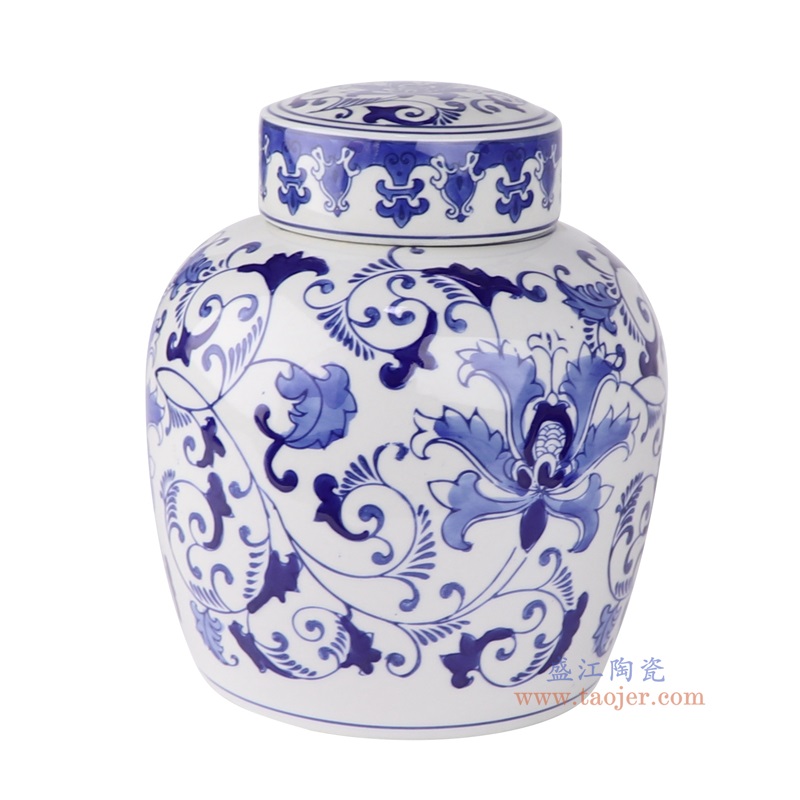 青花缠枝莲平顶罐,产品编号:RXAE-FL10-917 产品尺寸(单位cm): 高23.5直径19.5口径底径15.5重量1.68KG