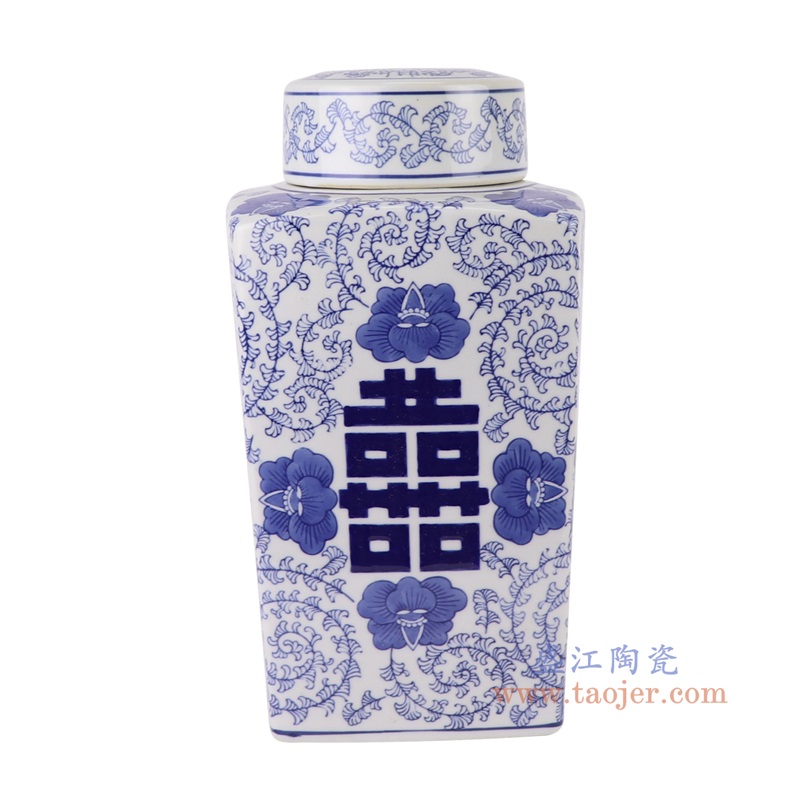 青花喜字纹四方罐,产品编号:RXAE-FL12-017L 产品尺寸(单位cm): 高31.5直径16口径底径重量3KG