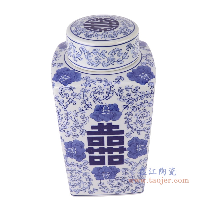 青花喜字纹四方罐,产品编号:RXAE-FL12-017L 产品尺寸(单位cm): 高31.5直径16口径底径重量3KG