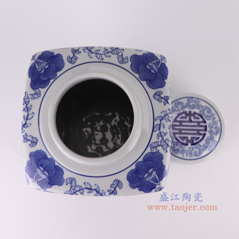 青花喜字纹四方罐,产品编号:RXAE-FL12-017L 产品尺寸(单位cm): 高31.5直径16口径底径重量3KG